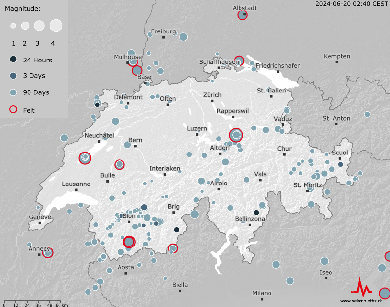 Earthquake Map of Switzerland, last 90 days 