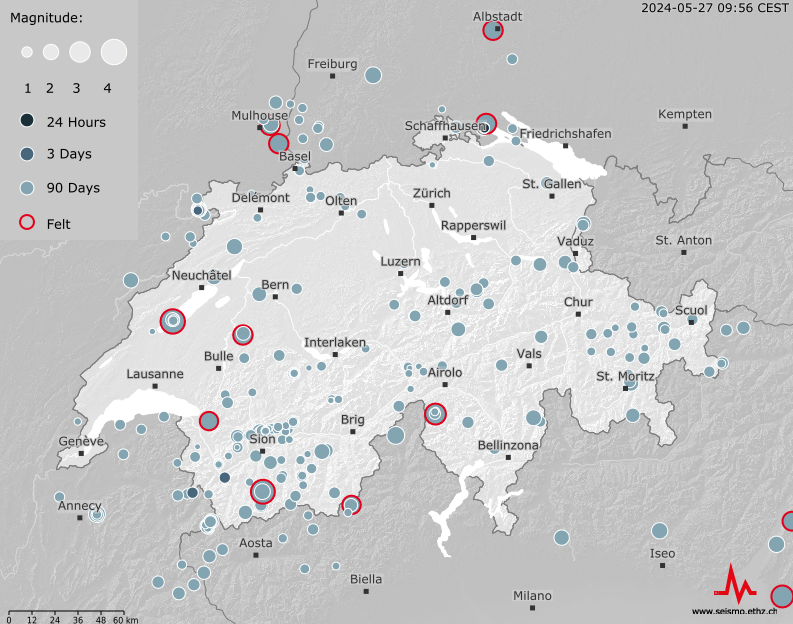 Earthquake Map of Switzerland, last 90 days 