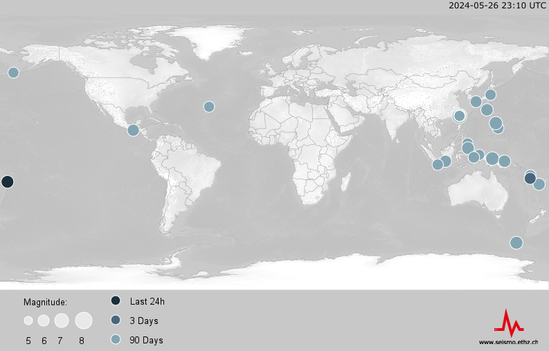 World Map of earthquakes of the last 90 days, magnitude 6 or above