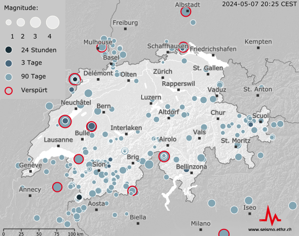 Erdbebenkarte Schweiz, letzte 90 Tage