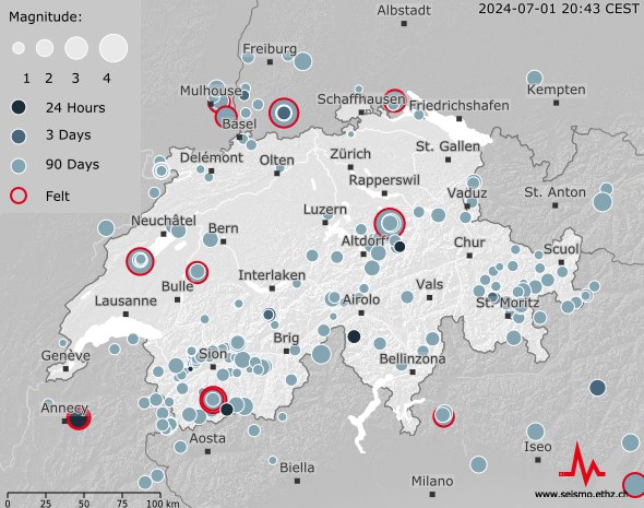 Earthquake Map of Switzerland, last 90 days