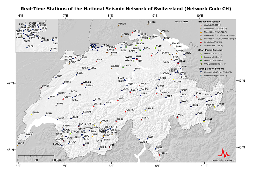 Stations en temps réel du réseau sismique national suisse (CHNet) 2018