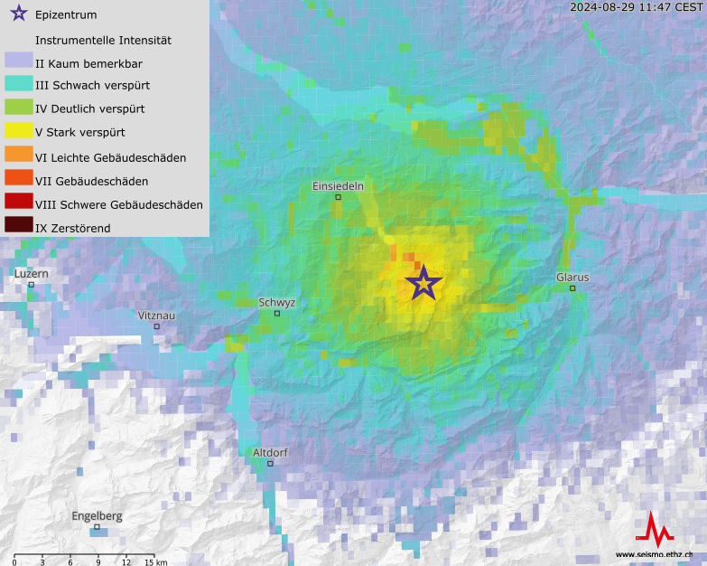 ShakeMap des Erdbebens bei Elm am 10. November 2020 mit der Magnitude 3.9. Der Erdbebenherd lag in einer Tiefe von ungefähr 1.7 Kilometern.