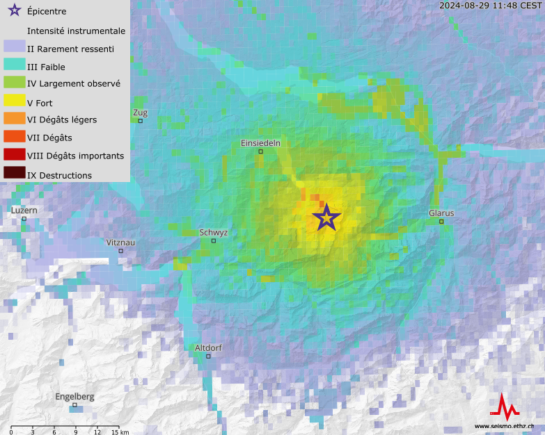 ShakeMap du tremblement de terre près d‘Elm le 10 novembre 2020, d‘une magnitude de 3,9. Le foyer du séisme se trouvait à une profondeur d‘environ 1,7 kilomètre.
