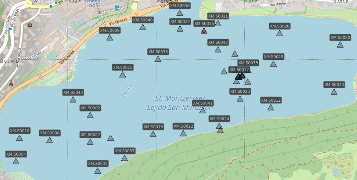 Carte du réseau de nœuds sismiques déployés sur le lac St. Moritz.