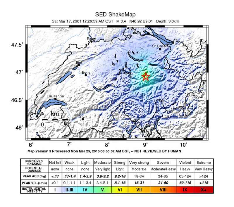 ShakeMap des Erdbebens in Linthal (GL) am 17.03.2001 mit einer Magnitude von 3.4