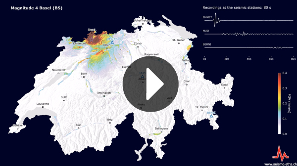 Picture for Earthquake scenario Basel: magnitude 4.0 with recordings from different seismic stations