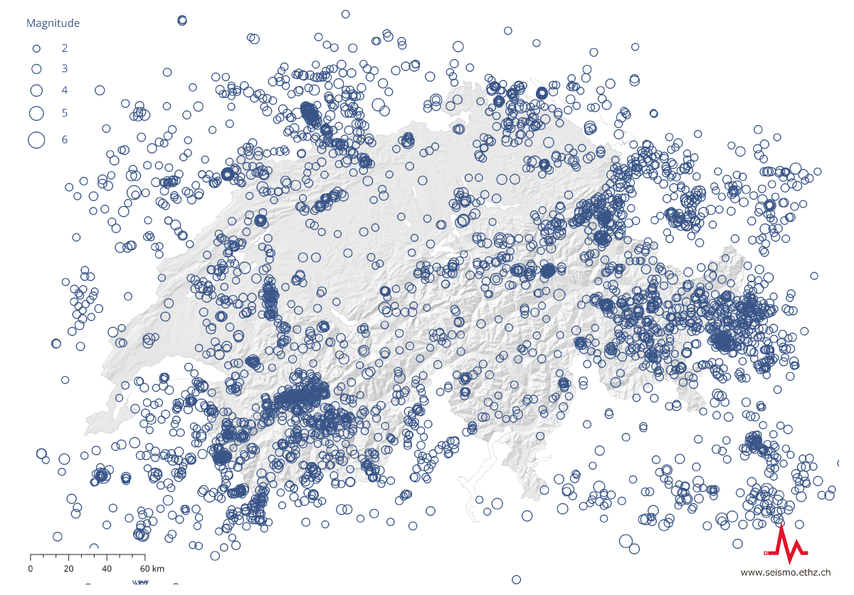 Image pour Carte des épicentres de tous les séismes de magnitude supérieure à 2 enregistrés par les instruments du SED entre 1975 et 2024.