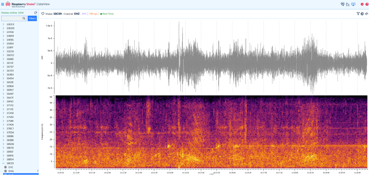 Exemple : «Live Streaming» de la station S8C09 dans le navigateur web. Dans la colonne de droite, on voit le sismogramme en haut et le spectrogramme en dessous. L'axe temporel (ici UTC) va de gauche à droite. La colonne de gauche montre la liste de tous les RaspberryShake disponibles, parmi lesquels on peut en choisir un.