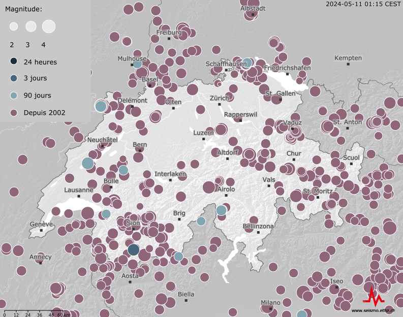 Map Earthquakes since 2002, potentially felt in Switzerland