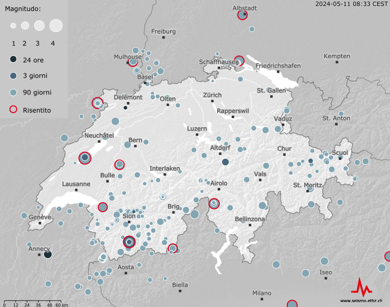 Earthquake Map of Switzerland, last 90 days